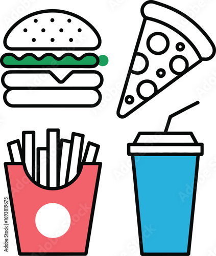 Delicious fast food icons featuring burger, pizza, fries and drink for vibrant meals