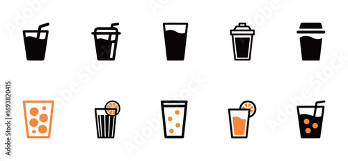 Set of drink and juice cup icons with straws and orange slices, a mix of black and colored vector symbols