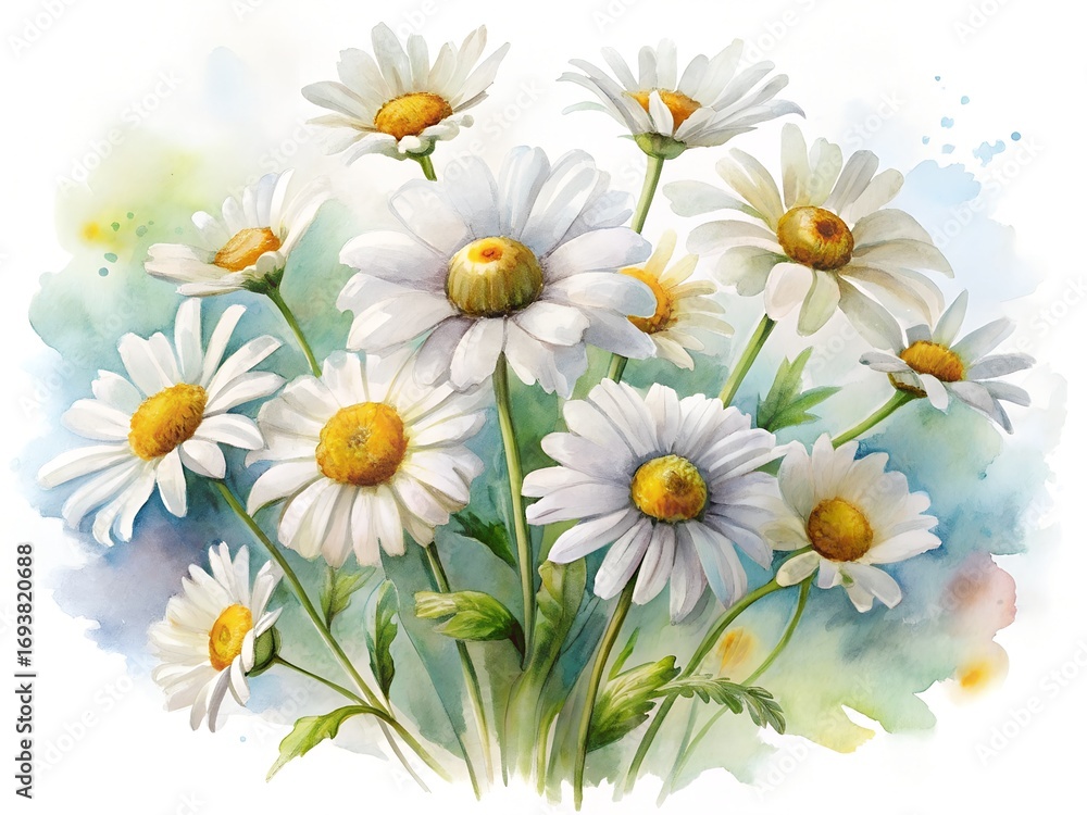 Fototapeta premium Watercolor flower a charming watercolor bouquet of white daisies with yellow centers isolated on white background