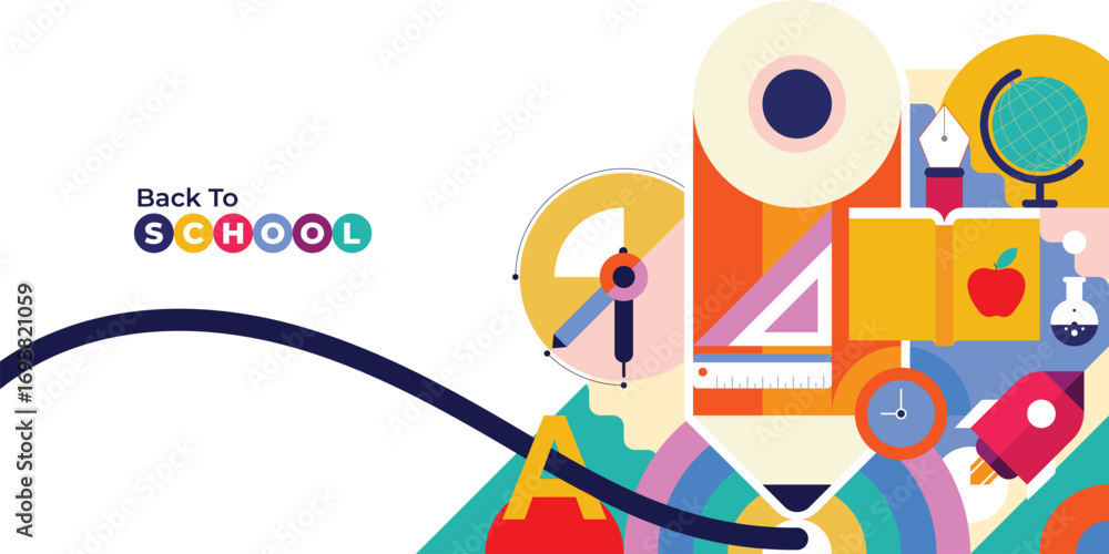 Fototapeta premium Vibrant back to school background with geometric flat style illustration. Colorful and modern design concept ideal for school supplies, banners, posters, and educational promotions