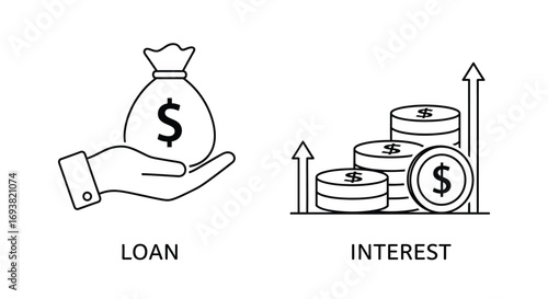Vector illustration of hand holding money bag icon and stack of coins with growth chart representing loan and interest