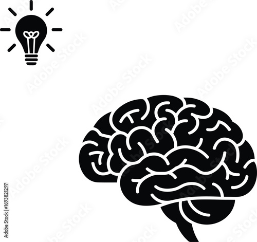 Brain with light bulb icon, creativity and idea concept, innovation symbol, thinking process, knowledge, intelligence, mental health, education, mind power illustration, inspiration