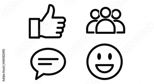 Vector illustration of social media icons including a thumbs up, people, a speech bubble, and a smiley face