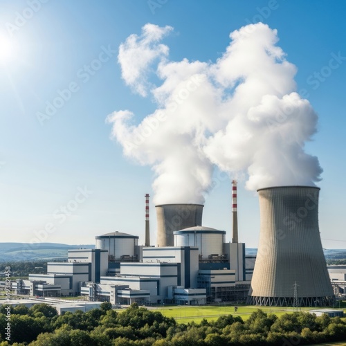 Nuclear Power Plant with Cooling Towers Emitting Steam.