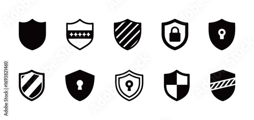 Set of shield and security icons, a collection of black silhouette symbols for data protection and safety