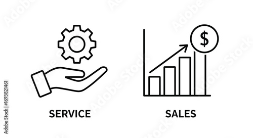 Vector illustration of two icons representing business concepts a hand holding a gear for service and a bar graph with an upward arrow and dollar sign for sales