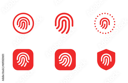 A set of red fingerprint and biometric scan icons, a collection of security and identity symbols for technology