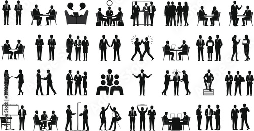 Collection of business people silhouettes in office meetings, teamwork collaboration, corporate communication, group discussion, professional interaction, modern workplace illustration