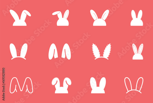 Set of bunny ears icons, a collection of rabbit costume and Easter holiday symbols on a pink background