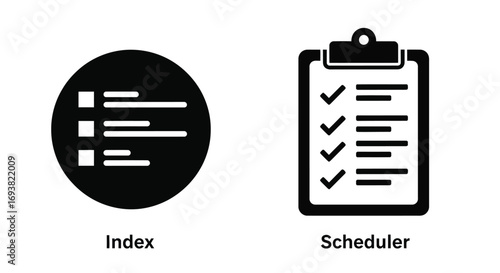 Vector illustration of icons of a list and a clipboard with checklist, representing index and scheduler