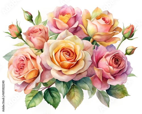 Watercolor flower a beautiful watercolor painting of a bouquet of pink and yellow roses with green leaves, isolated on a white background