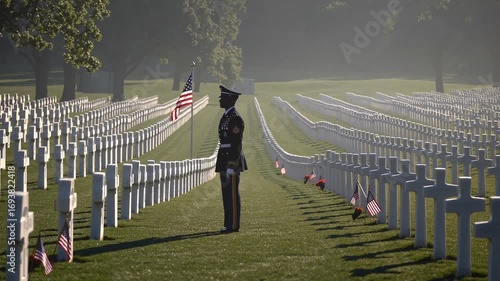 A soldier stands solemnly in a military cemetery, honoring fallen heroes on a peaceful morning.