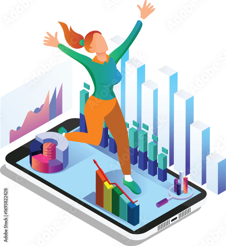Business concept infographic design. Businesswoman 3D character flat ambitious People. Career ambition changing role winning Startup group training goal setting and team management illustration