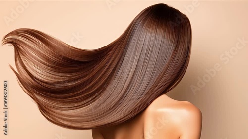 「光沢を放つ栗色の長い髪の毛が風で靡いているバックスタイル」