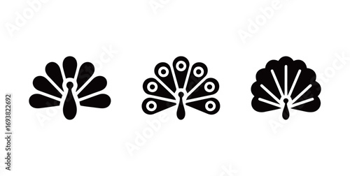 Set of black peacock icons, a collection of beautiful bird and nature symbols with spread tails
