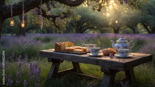 Serene outdoor tea party with pastries in a lavender field under golden sunlight and hanging lanterns