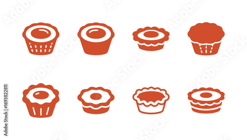 Set of red cupcake and muffin icons, a collection of sweet dessert and pastry symbols for a bakery