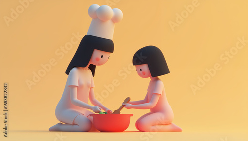 Caring mother and daughter mixing ingredients together, sharing culinary bonding moment with warmth and joy against bright yellow minimalist 3d rendered backdrop