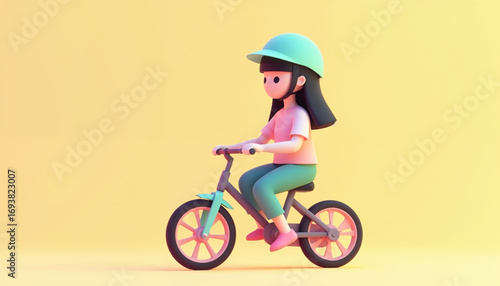 3d rendering of young girl pedaling bicycle, wearing protective helmet, emphasizing child safety and active lifestyle against bright yellow backdrop
