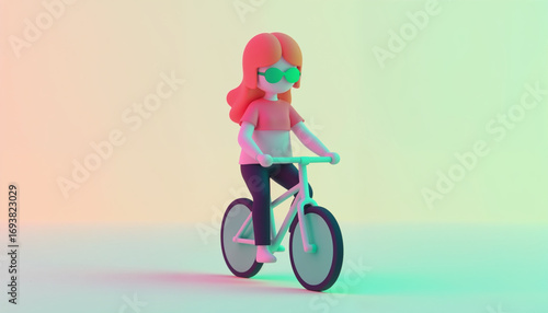 3d rendering featuring stylish woman wearing sunglasses, cycling against gradient backdrop, embodying contemporary urban freedom and leisurely movement