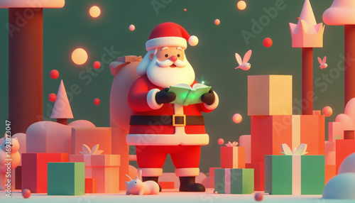 Santa reading glowing magic book, surrounded by colorful gifts, playful woodland creatures, creating enchanting christmas scene with festive warmth and magical holiday spirit