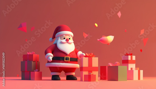 Santa claus positioning colorful christmas presents beside flying fish, generating surreal holiday atmosphere against vivid red backdrop