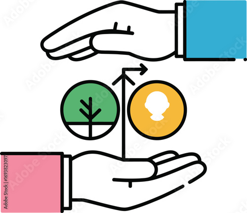 Hands protect growing tree and person icons symbolizing care and development
