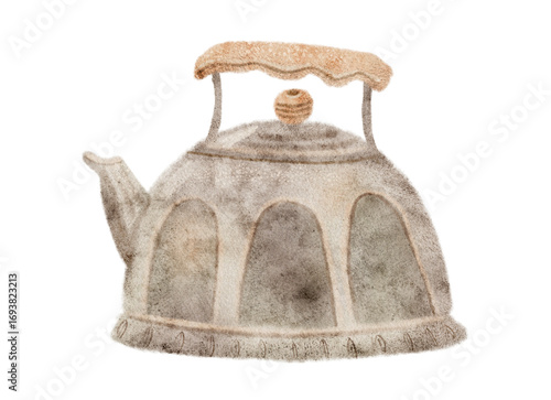 Digital watercolor illustration of a vintage kettle, perfect for rustic or cozy kitchen-themed designs.
