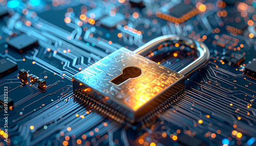 Digital Fortress: The macro shot showcases the digital realm's safeguards, a glowing padlock rests upon a motherboard, embodying data security.