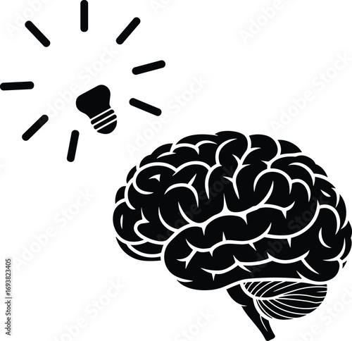 Creative human brain with glowing light bulb icon, idea concept, innovation symbol, intelligence representation, mental process, thinking, inspiration, bright idea illustration