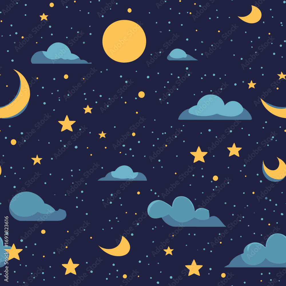 Fototapeta premium Seamless night sky pattern with yellow crescent moons full moon clouds stars and small dots on dark blue background vector illustration