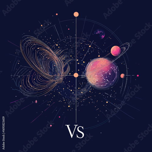 Abstract cosmic versus concept with planetary orbits, starry galaxy elements, and geometric space shapes illustrating competition or comparison in outer space design detail