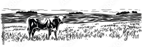 Black and white minimalist vector engraving of cow standing in grassy field with distant tree line landscape rural farm scene outdoor nature background