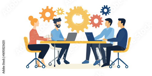 Business team collaboration meeting with diverse people working on laptops around table with colorful gears above for workflow and teamwork concept flat vector illustration