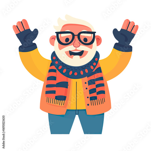 Happy elderly man with white beard and glasses wearing orange jacket and striped scarf waving hands in winter clothing flat style vector illustration