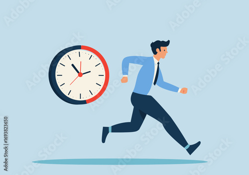 Running businessman rushing against time with clock showing deadline pressure and stress concept flat vector illustration