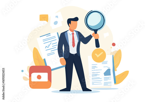 Businessman holding magnifying glass searching for job opportunities employment vacancy career growth concept flat vector illustration