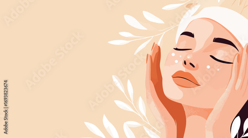 Minimalist flat style vector illustration of woman relaxing with closed eyes applying white face cream dots for skin care beauty routine