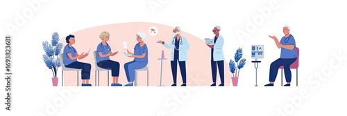 Elderly people in nursing home group therapy session with doctor and nurse providing medical care and support in minimalist flat style vector illustration