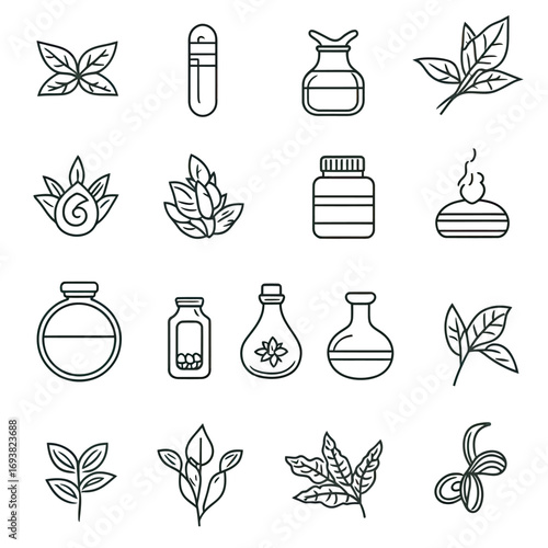 Line art set of natural herbs, medicinal leaves, essential oil bottles, capsules, and incense symbols representing holistic health and natural remedies vector icons
