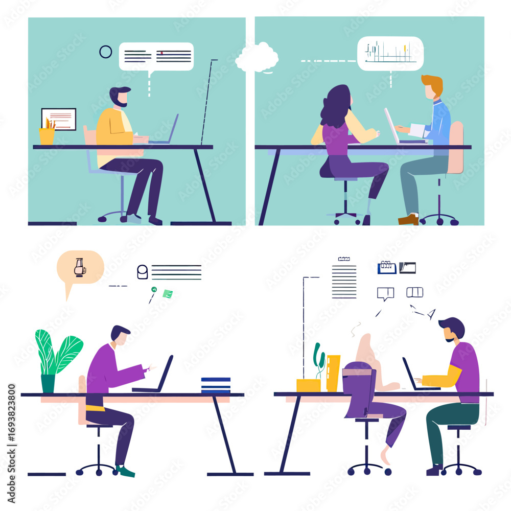 Fototapeta premium Remote business people working on laptops and discussing ideas in modern office environment flat vector illustration set