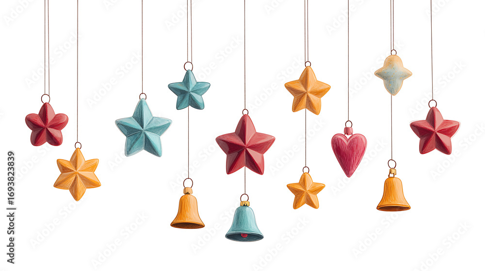 Obraz premium Christmas decorations on white background with ornaments, snowflakes, and festive elements. Perfect for holiday wallpaper, backgrounds, or seasonal designs.