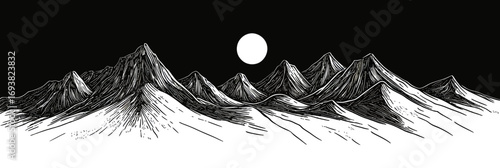 Black and white minimalist mountain range landscape with full moon night scenic outline engraving vector illustration
