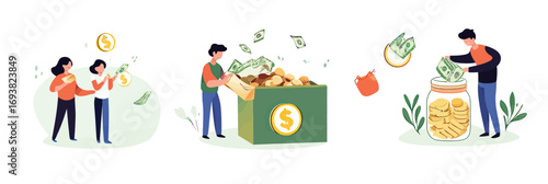Volunteers collecting money in donation box and jar, charity fundraising concept, people donating cash and coins for financial support and aid in flat vector style illustration