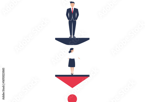 Business man standing on black platform above business woman on red inverted platform symbolizing gender inequality and workplace discrimination concept vector illustration