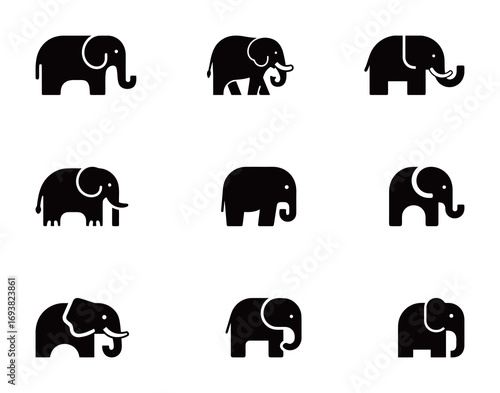 Set of black elephant icons, a collection of wild animal symbols in a simple, playful style
