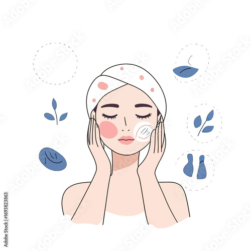 Woman with towel headband applying facial cleanser cream with closed eyes and red spots on her face in skincare routine flat illustration with blue leaves background