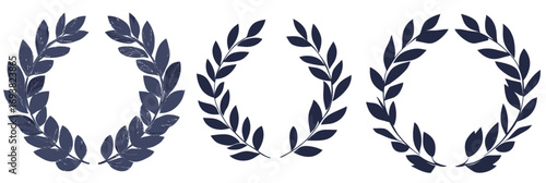 Set of three flat minimalist laurel wreath silhouettes with varying leaf patterns and dark blue color isolated on white background vector illustration