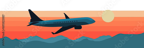 Passenger airplane flying over mountain range during vibrant orange and blue sunset sky with stylized sun vector illustration in flat minimalist design