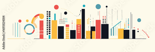 Abstract business analytics data visualization illustration with colorful bar charts line graphs and circular indicators in minimalist flat vector style for financial analysis and market trends